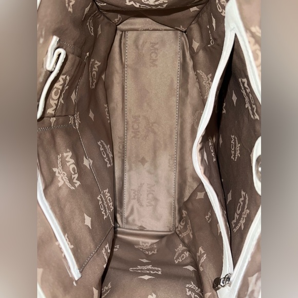 MCM Work Laptop Tote Bag Khaki Canvas MCM Visetos Logo Cream /Gray Leather Trim - Picture 10 of 13